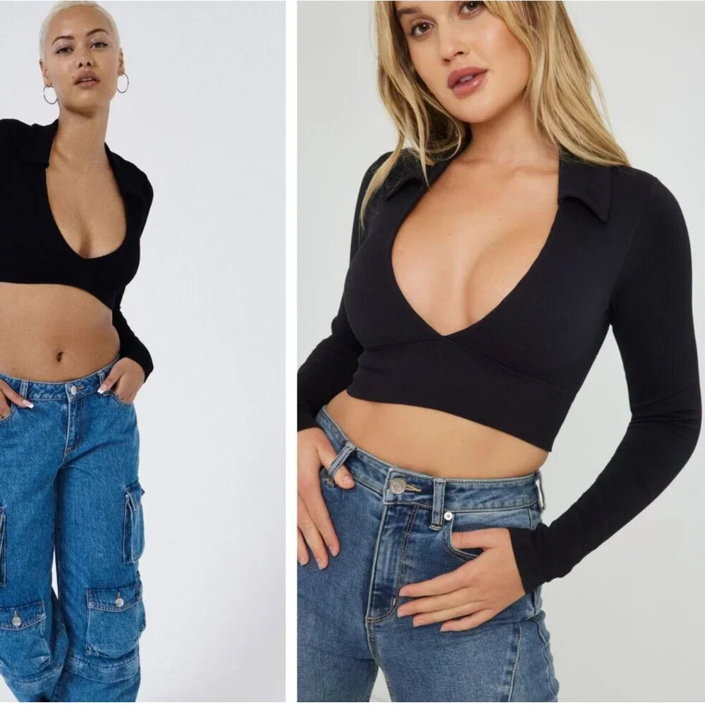 GARAGE Sandra Long Sleeve Ribbed Seamless Polo Long Sleeve Top - S